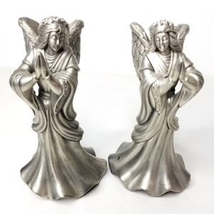 2 Heavy Simple Mininal Silver Pewter Angel Candlestick Christmas Candle Holders